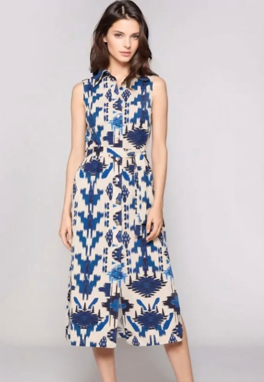 Vilagallo Ikat Shirt Dress Blue White Geometric Belted Midi Size 40 US M Cotton